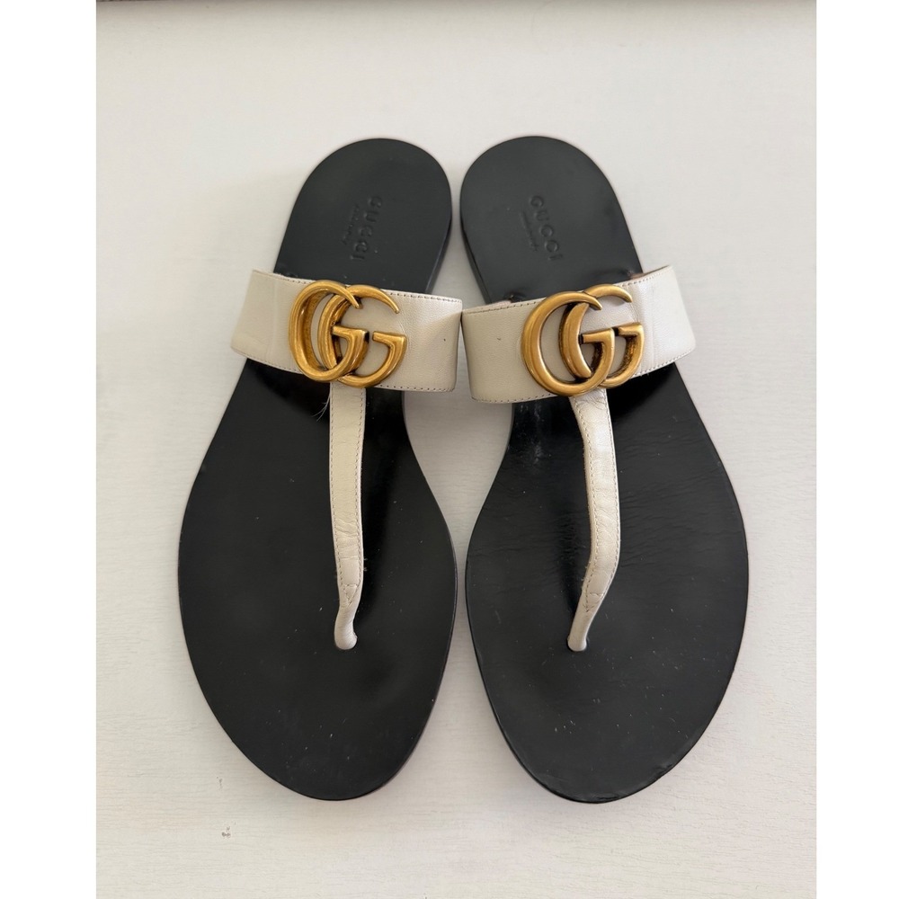 Gucci Marmont GG Thong Flip Flop Sandals White Leather Size 38 US 8 Flat Slide